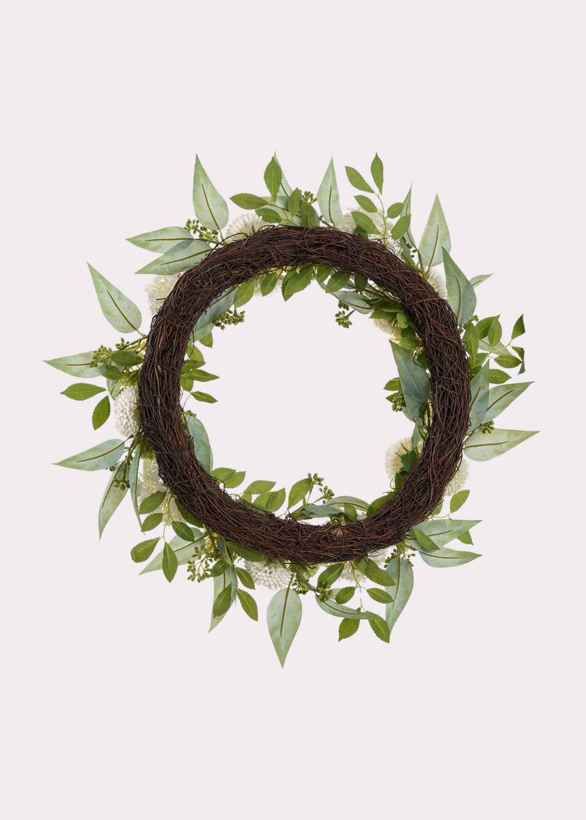 Back Of Cream Green Fake Snowball and Mum Flower Wreath with Sedum