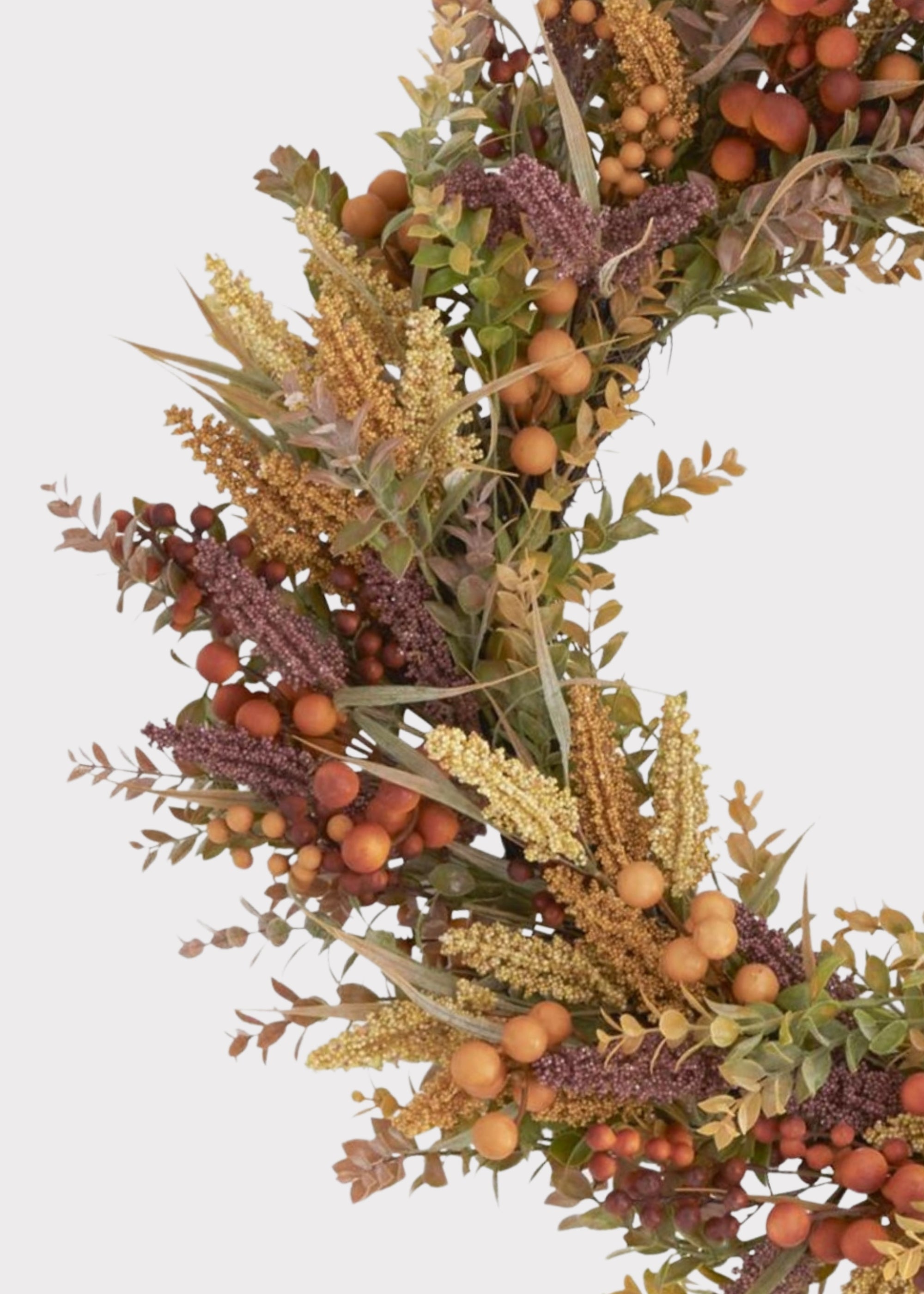 Close-up of a Mixed Fake Fall Foliage and Berry Wreath