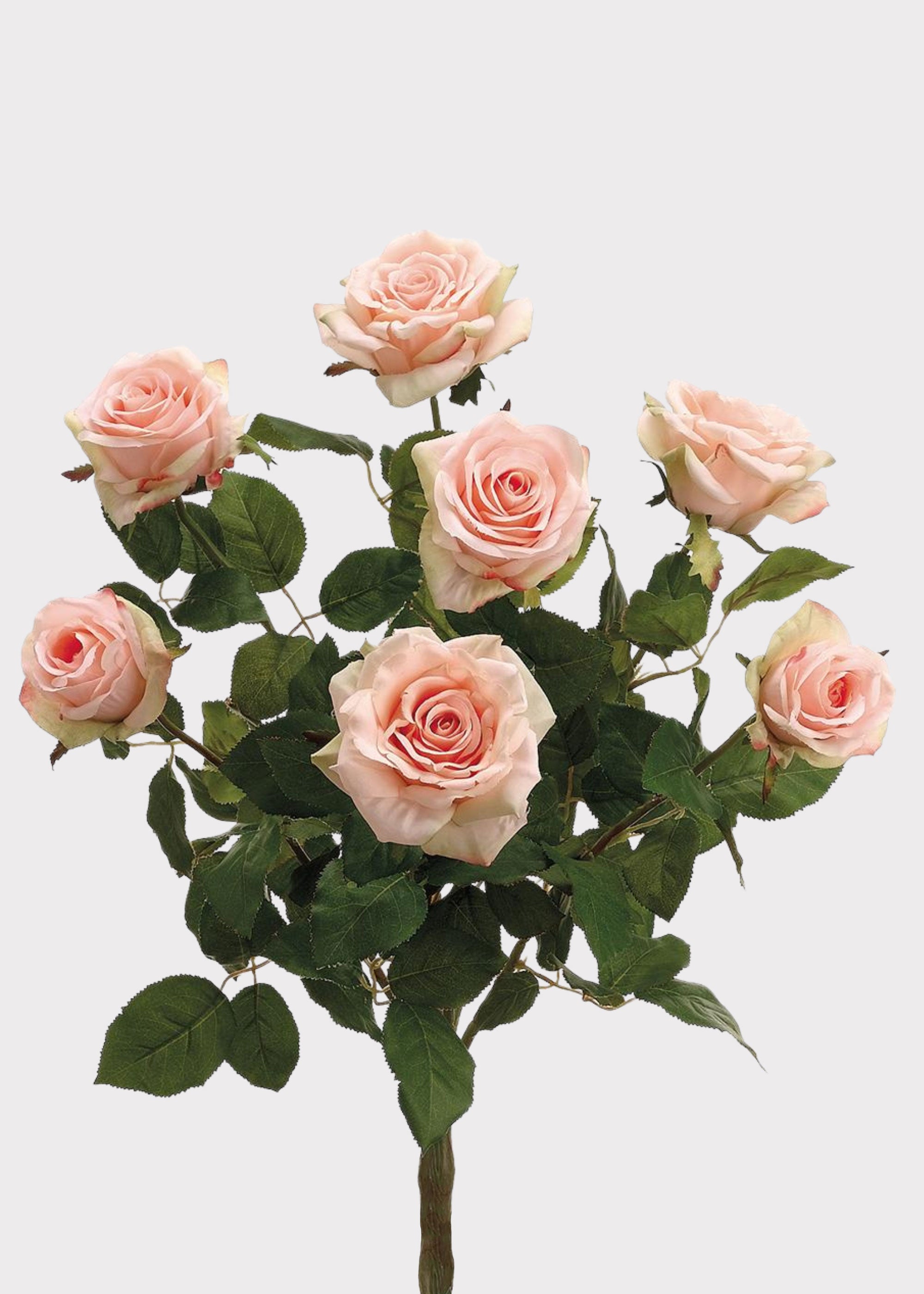 Artificial pink roses with green leaves