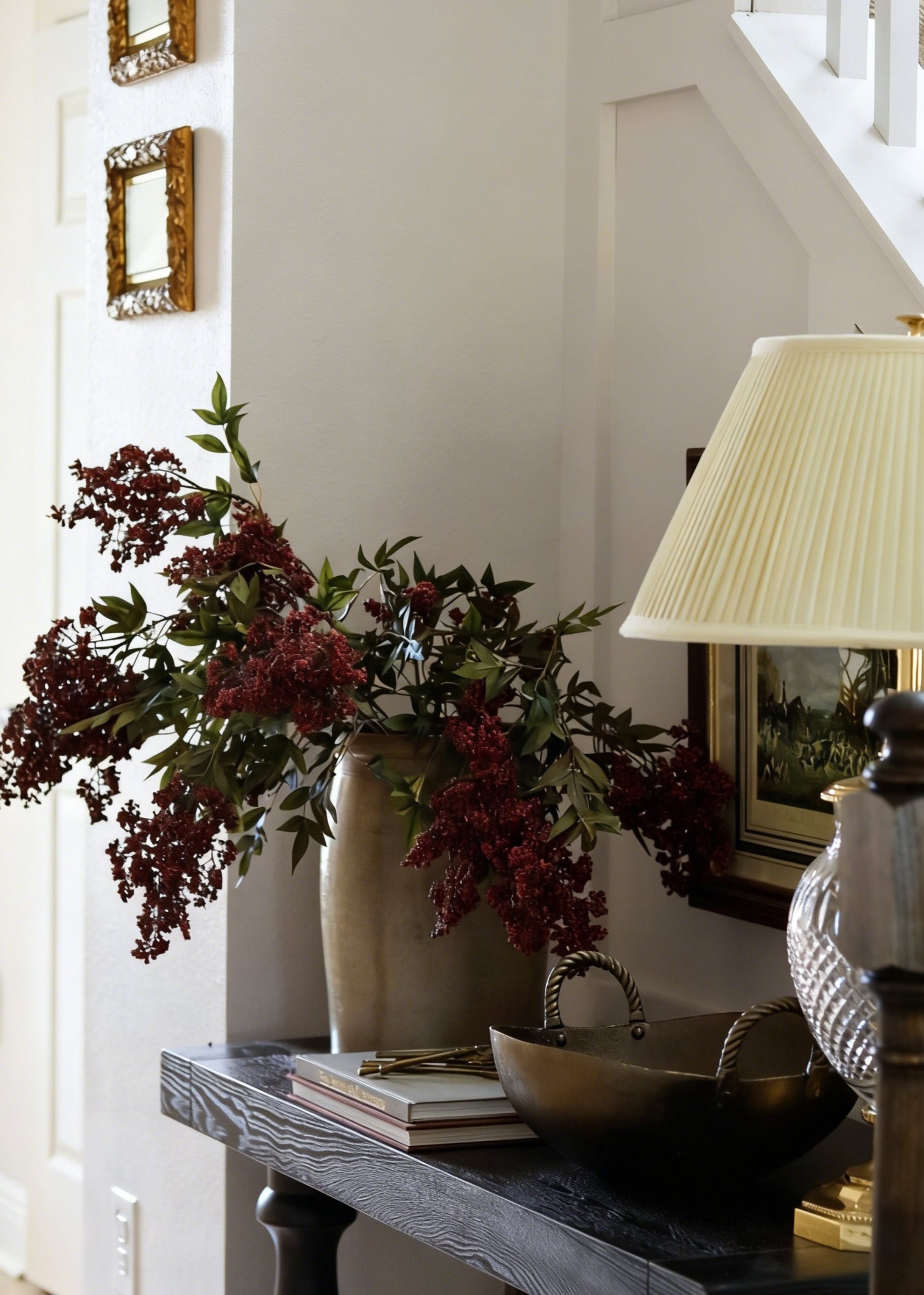 Burgundy Nandina Berry Branches Styled on a Table