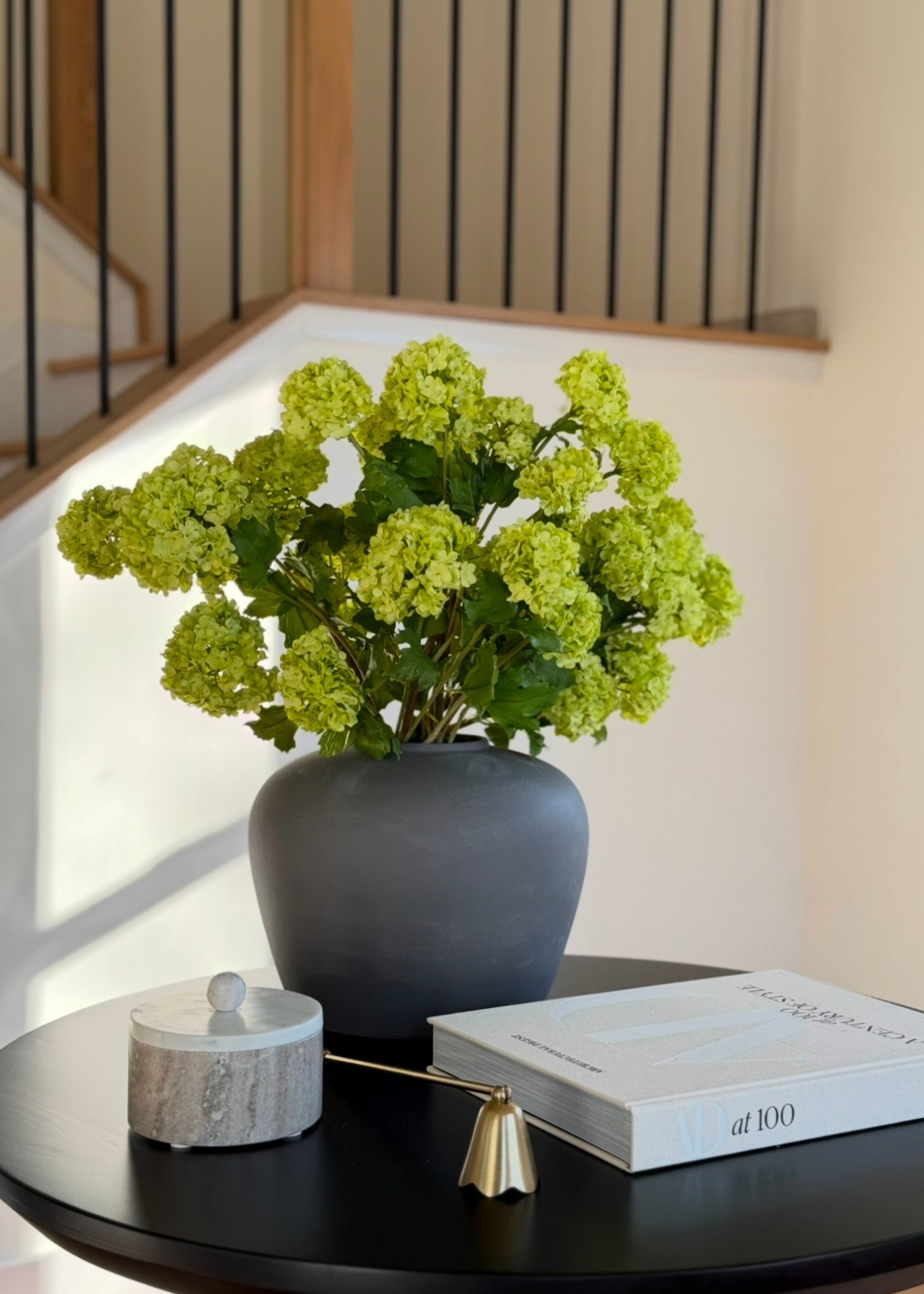 arrangement of green snowball flowers