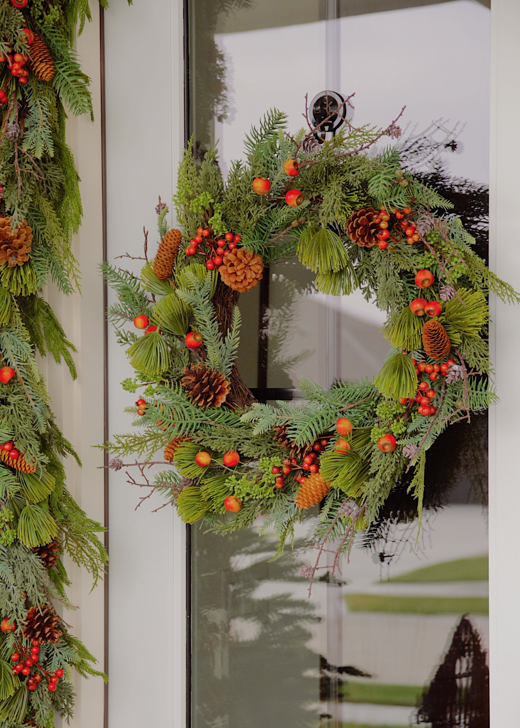 Winter Pine and Pod Wreath and Garland on Door