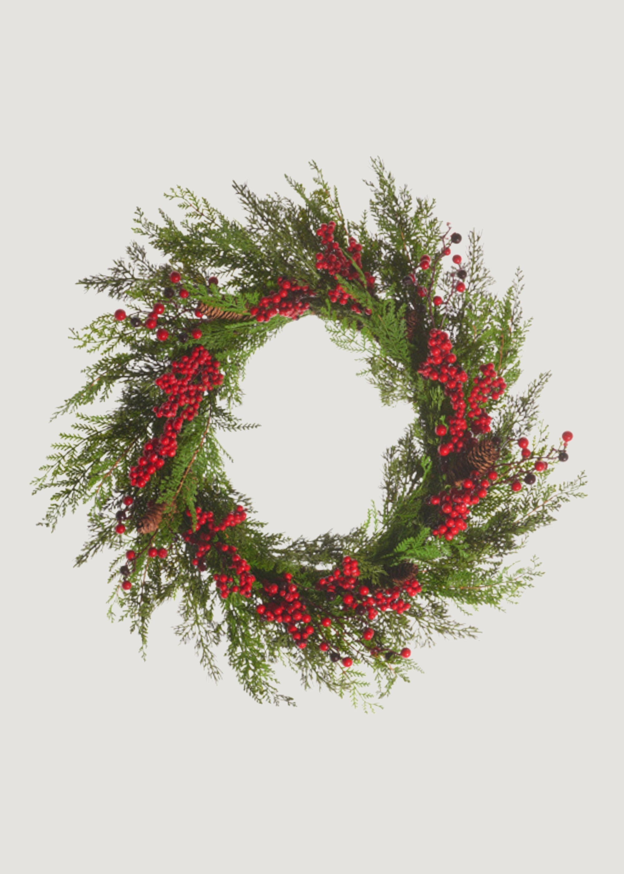 Fake Cedar Winter Wreath with Red Berries and Pine Cones
