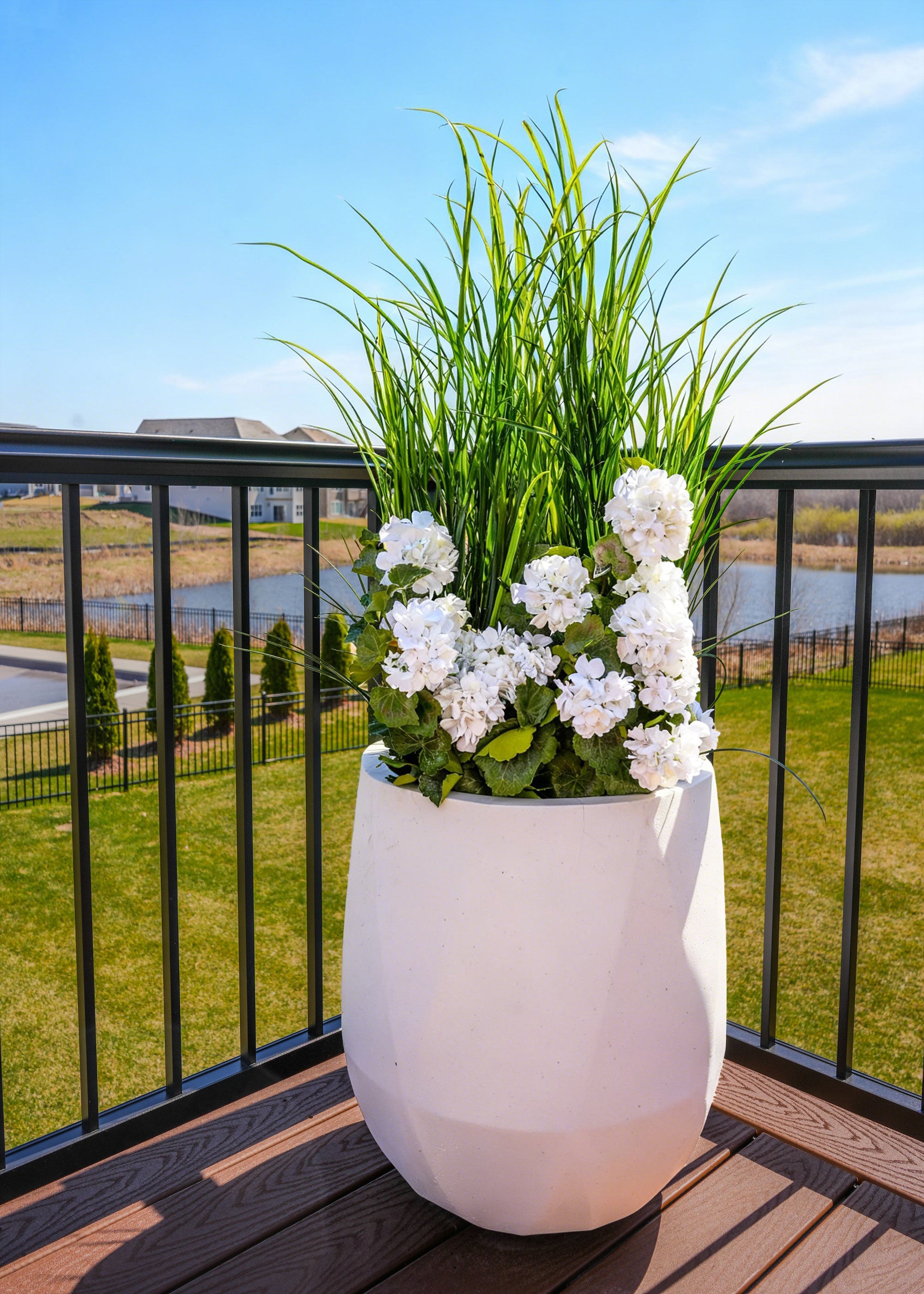 White Geraniums and Faux Grass Bush Outdoor Planter