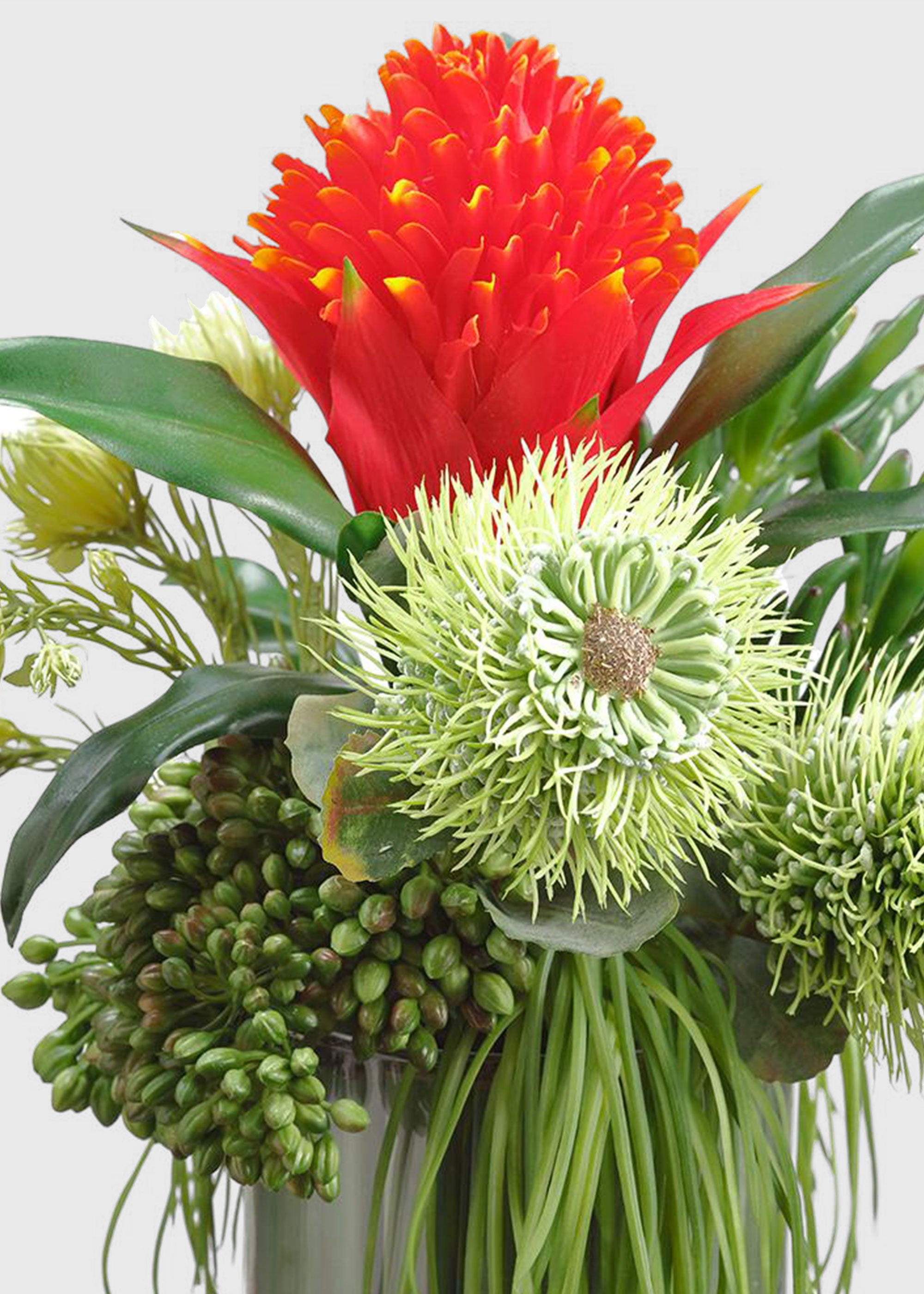 close-up of faux tropical flower arrangement