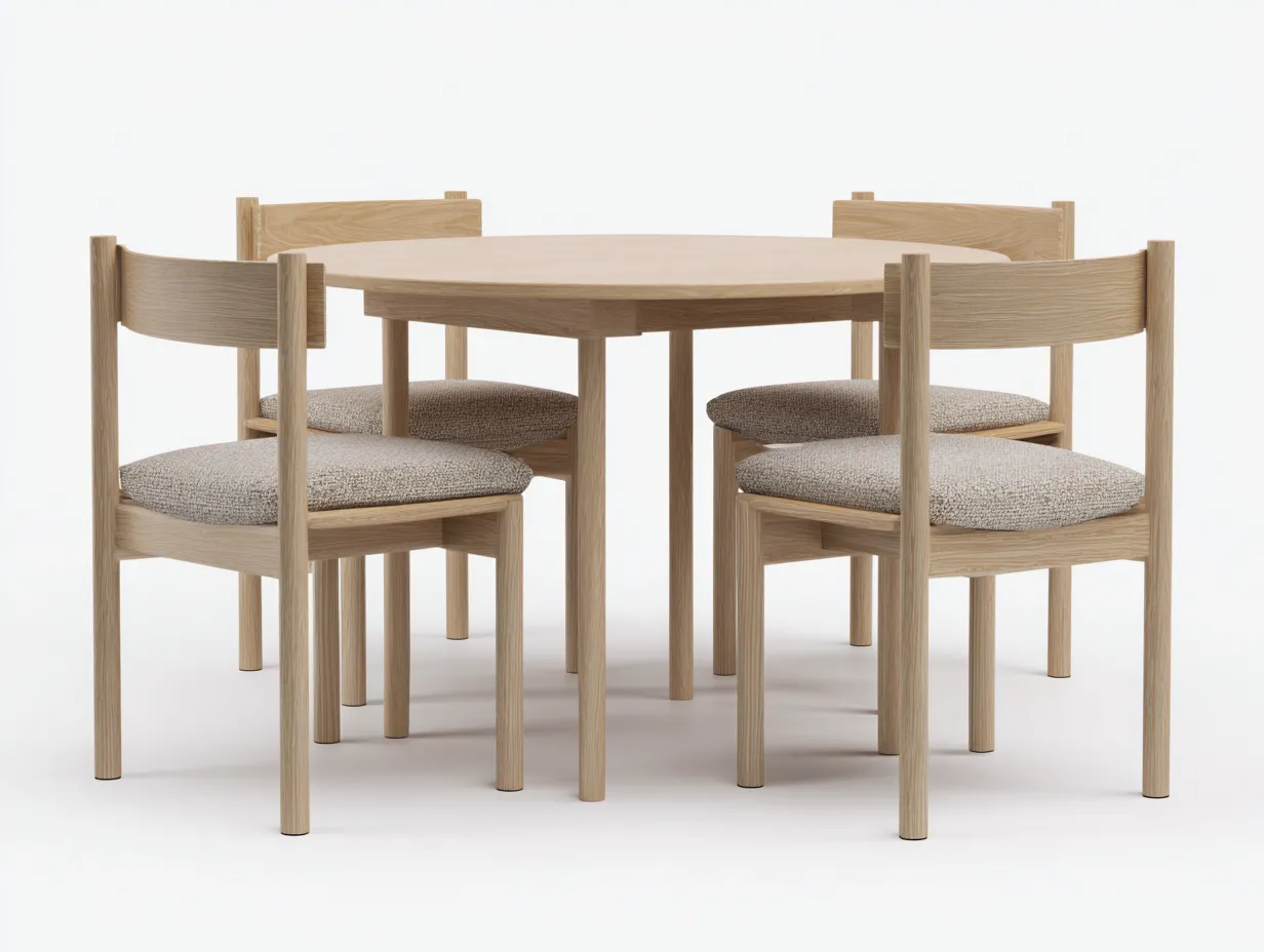 Conjunto de Mesa y Sillas de madera - mesa 135x135x75 cm - madera clara y beige - 4 sillas con asiento redondo para comedor-Doralyinterior