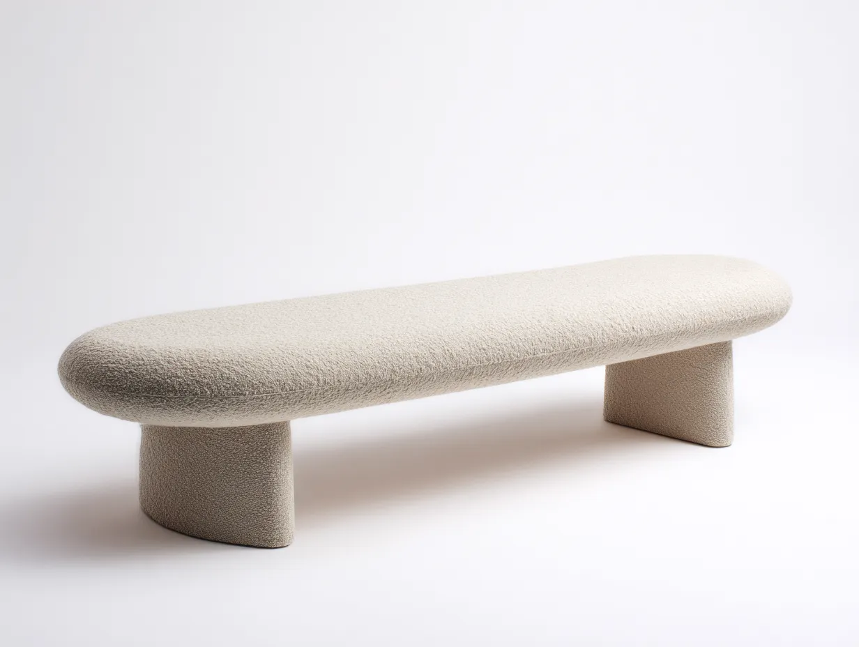 Banco tapizado bouclé beige 155x45x42 cm - extremos redondeados - diseño bajo-Doralyinterior