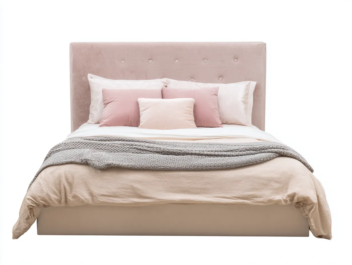 Cama Doble de madera nogal y tela gris 200x160x108 cm - cabecero tapizado - moderna-Doralyinterior