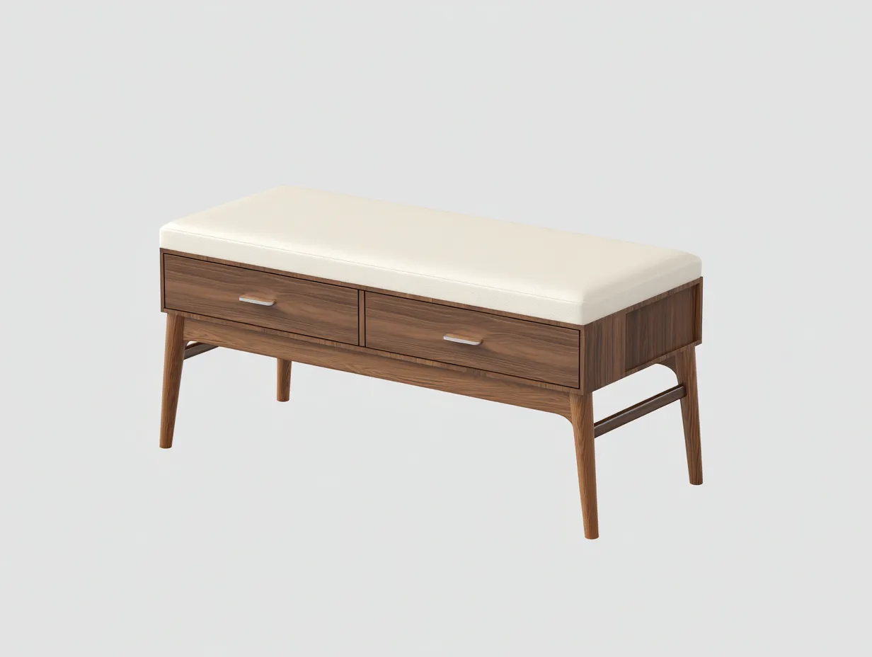 Banco de madera nogal 132x43x48 cm - cojín capitoné crema - cajones dobles-Doralyinterior