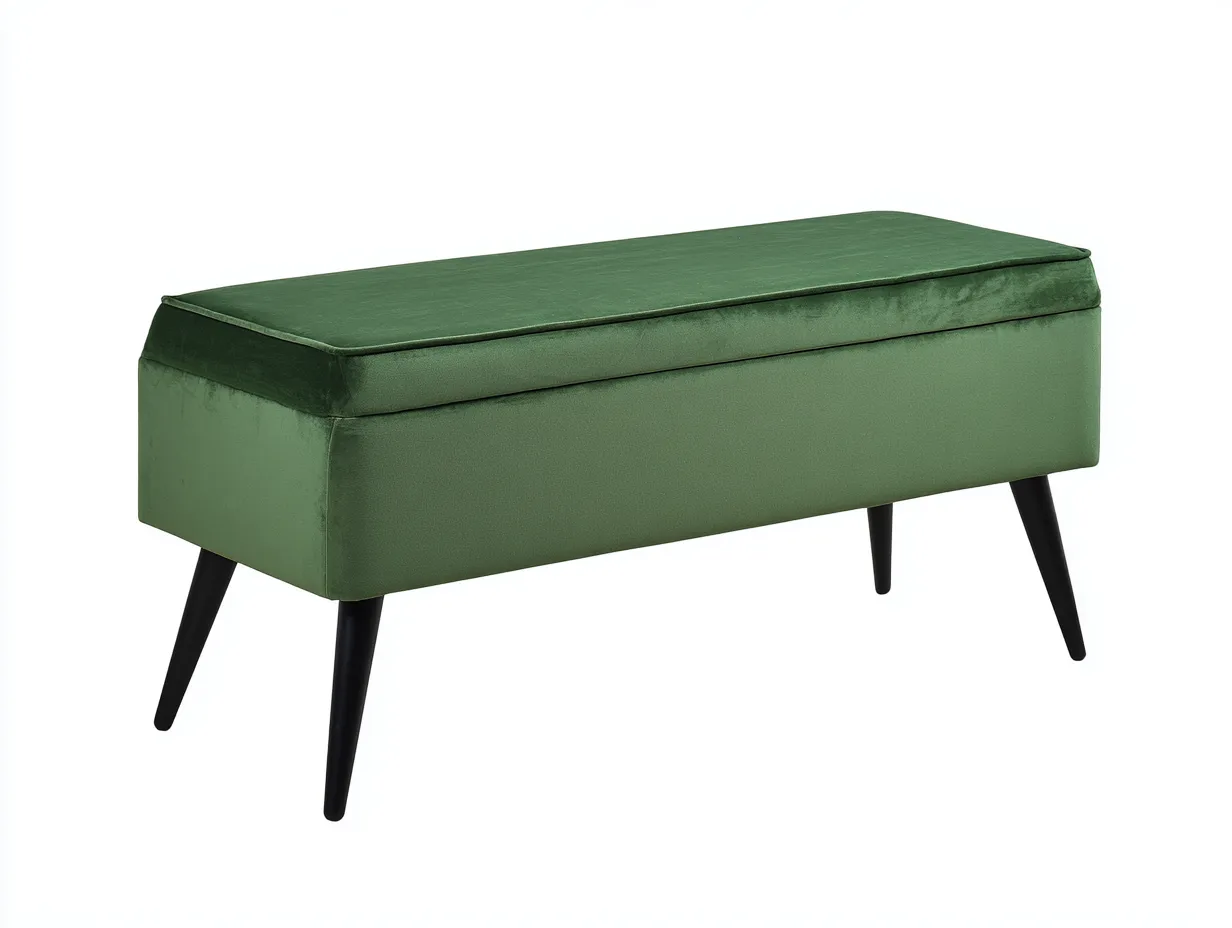 Banco baúl tapizado verde 125x44x48 cm - patas negras - dormitorio con almacenaje-Doralyinterior