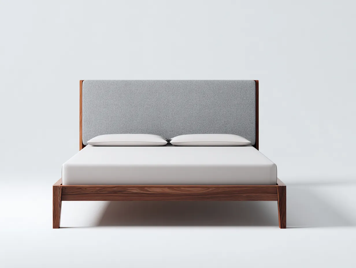 Cama Doble de madera nogal y tela gris 200x160x104 cm - cabecero curvo - patas redondeadas-Doralyinterior