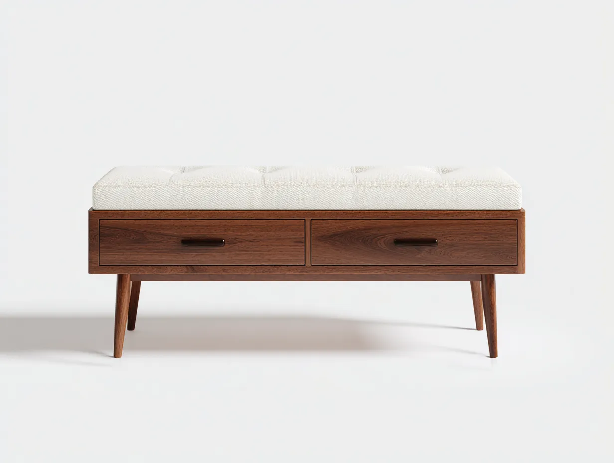 Banco de madera nogal 130x42x48 cm - cojín crema - dos cajones-Doralyinterior
