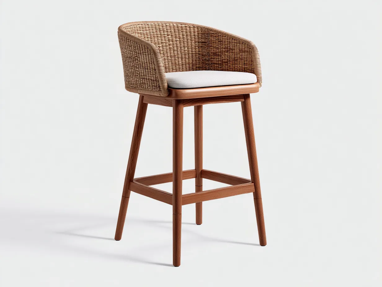 Taburete de Bar de ratán natural 55x54x104 cm - patas de madera - cojín claro-Doralyinterior