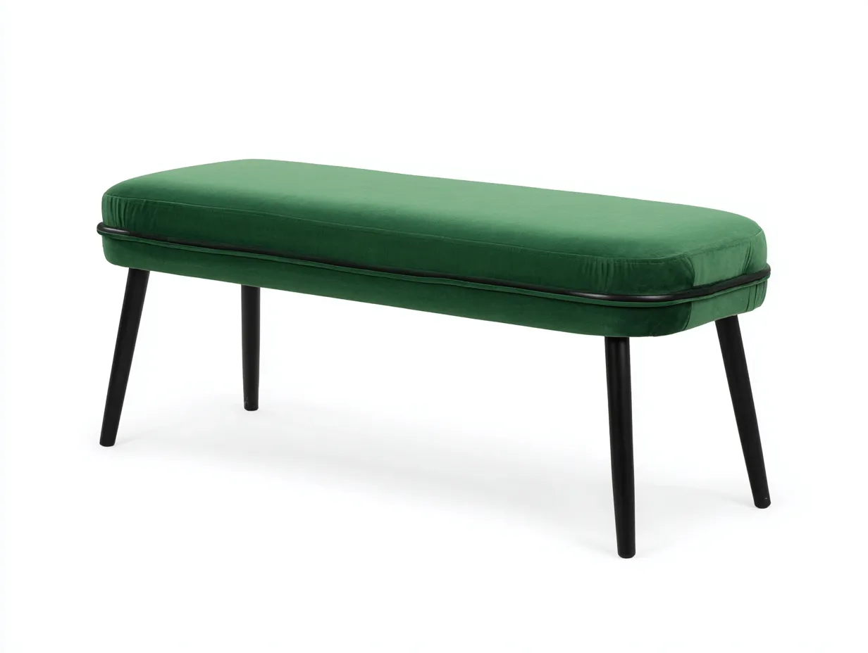 Banco tapizado verde 145x44x47 cm - patas negras - ribete decorativo-Doralyinterior