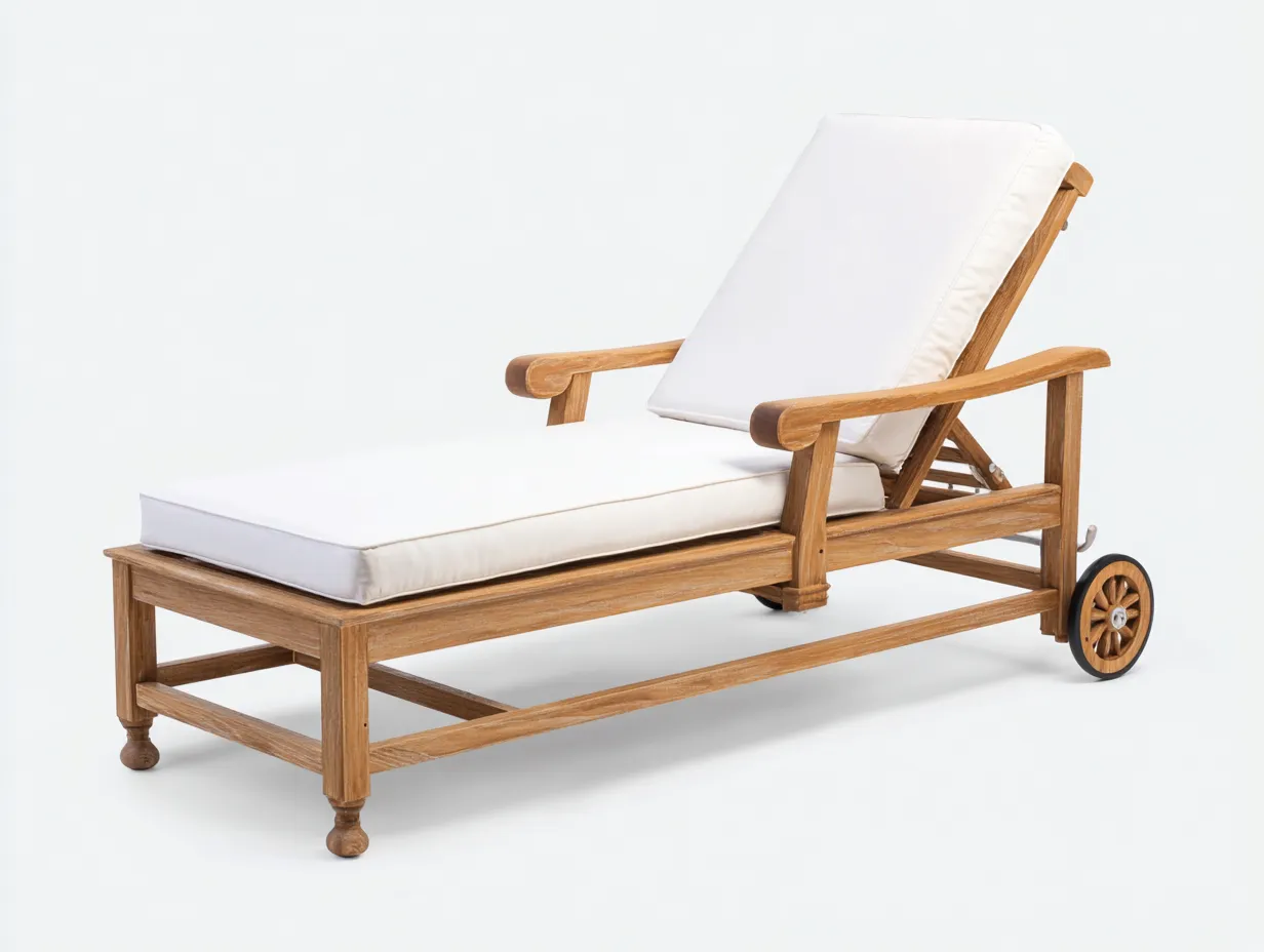 Tumbona de exterior madera 203x71x86 cm - blanco y madera natural - con reposabrazos y ruedas-Doralyinterior