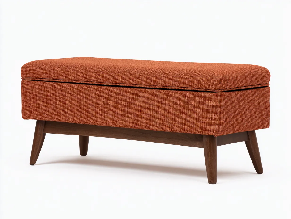 Banco baúl tapizado naranja 120x45x47 cm - patas de madera nogal - estilo mid century-Doralyinterior