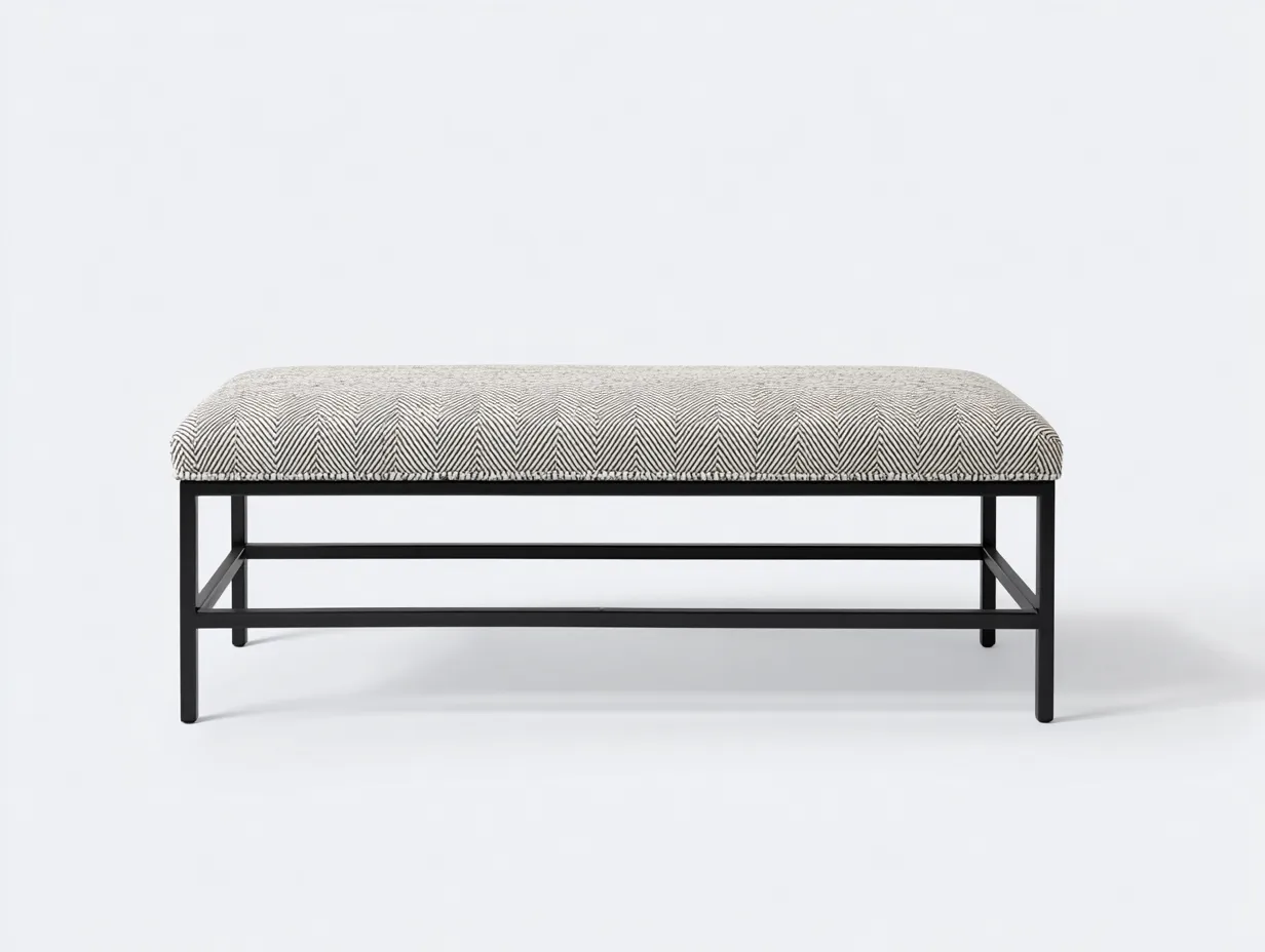 Banco tapizado gris espiga 145x43x45 cm - estructura metálica negra - dormitorio moderno-Doralyinterior