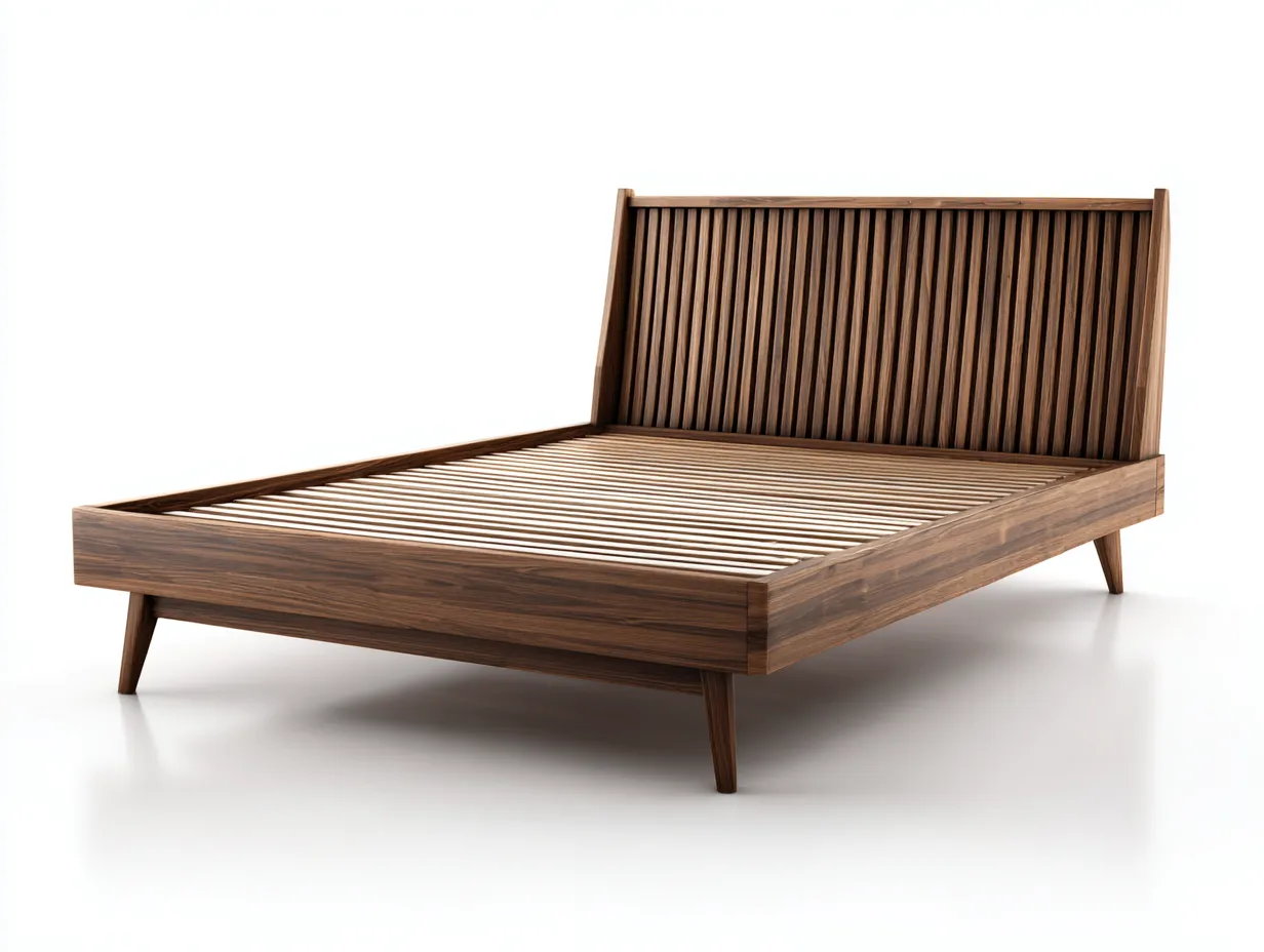 Cama Doble de madera nogal 200x160x105 cm - cabecero de listones - estilo mid century-Doralyinterior