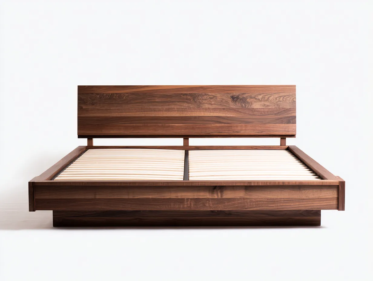 Cama Doble de madera nogal y tela gris 200x160x106 cm - cabecero tapizado - dormitorio moderno-Doralyinterior
