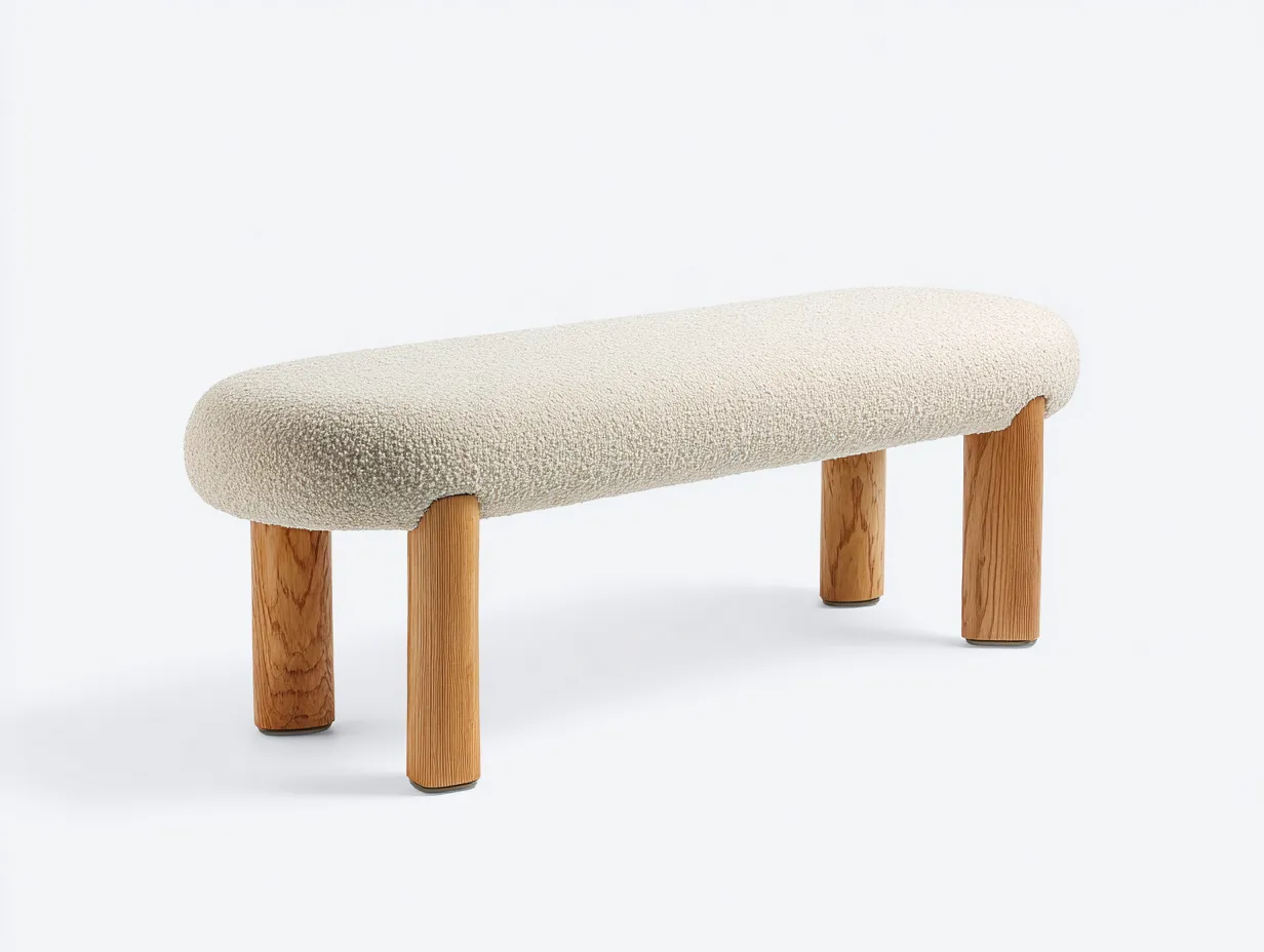 Banco tapizado bouclé crema 150x45x44 cm - patas de madera natural - bordes redondeados-Doralyinterior