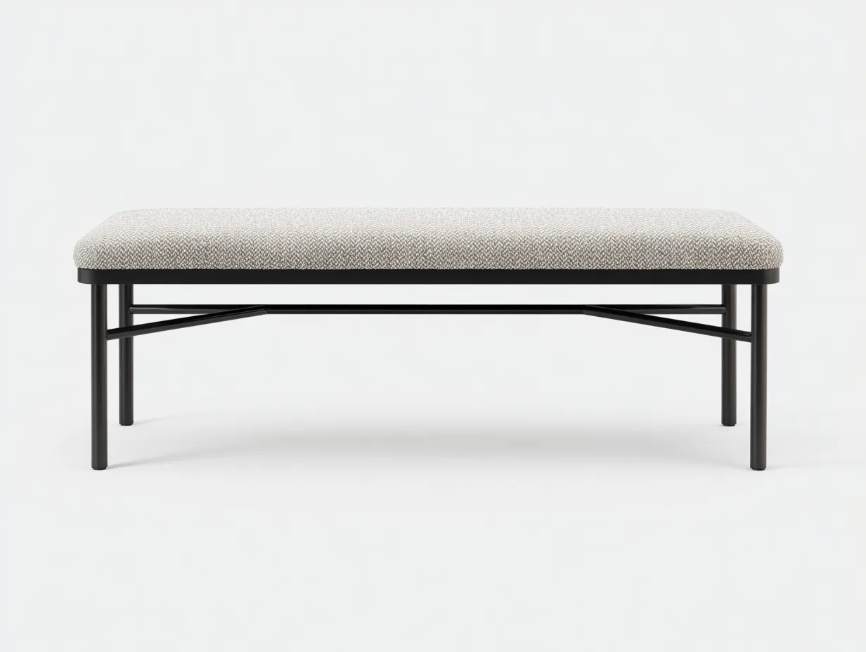 Banco tapizado gris claro 145x43x45 cm - estructura metálica negra - estilo moderno-Doralyinterior