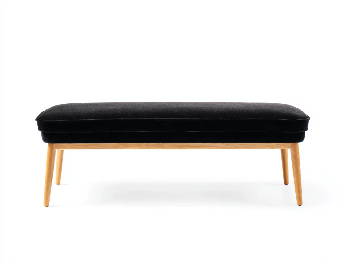 Banco tapizado negro 135x46x46 cm - patas de madera clara - estilo elegante-Doralyinterior