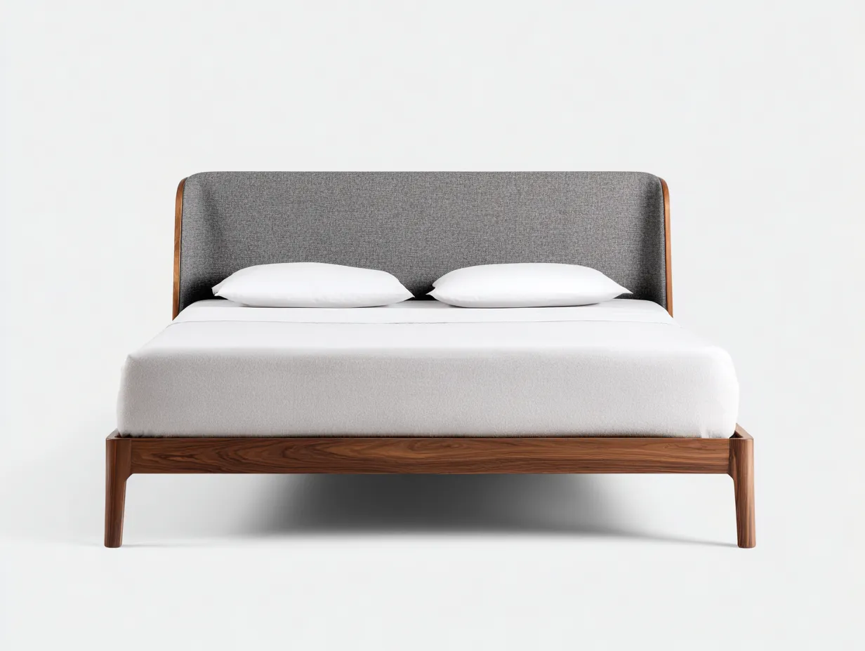 Cama Doble de madera nogal y tela gris 200x160x108 cm - cabecero doble acolchado - base plataforma-Doralyinterior
