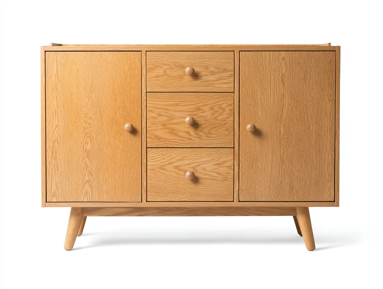 Cómoda de madera roble 135x44x88 cm - tres cajones y dos puertas - estilo nórdico
