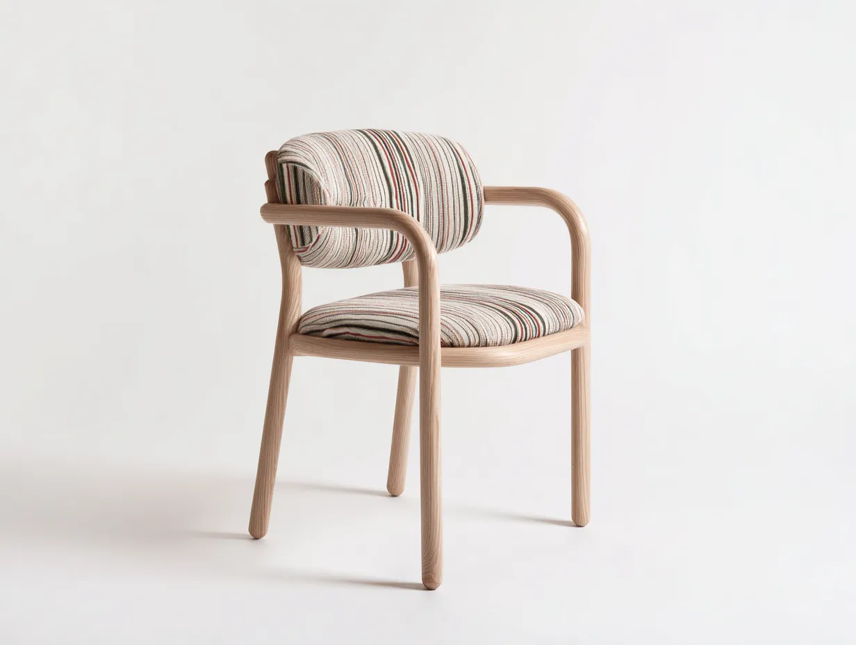 Sillón de Descanso madera 57x58x78 cm - madera natural y rayas beige - con respaldo cilíndrico