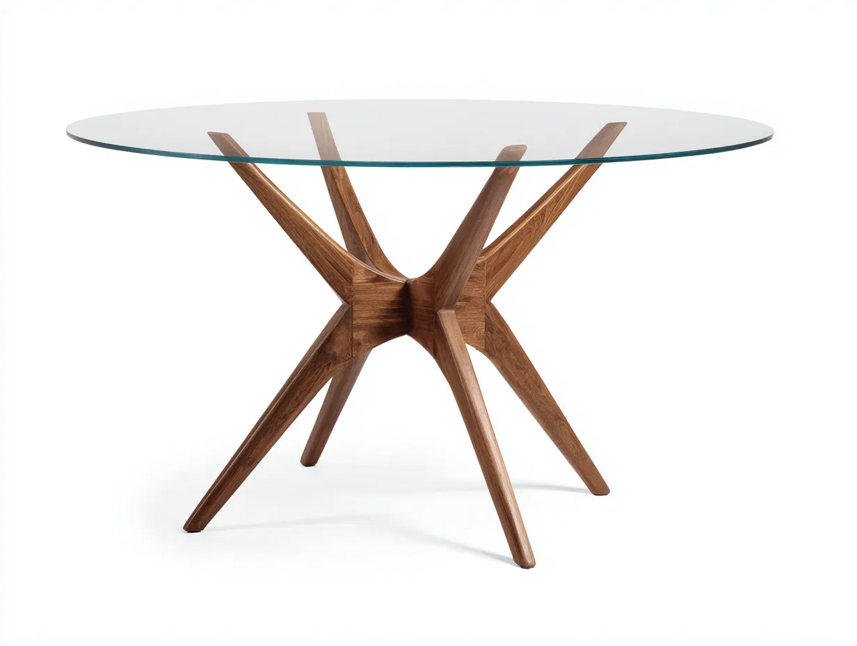 Mesa de Comedor redonda de cristal y madera nogal 120x120x75 cm - base cruzada - estilo escultórico