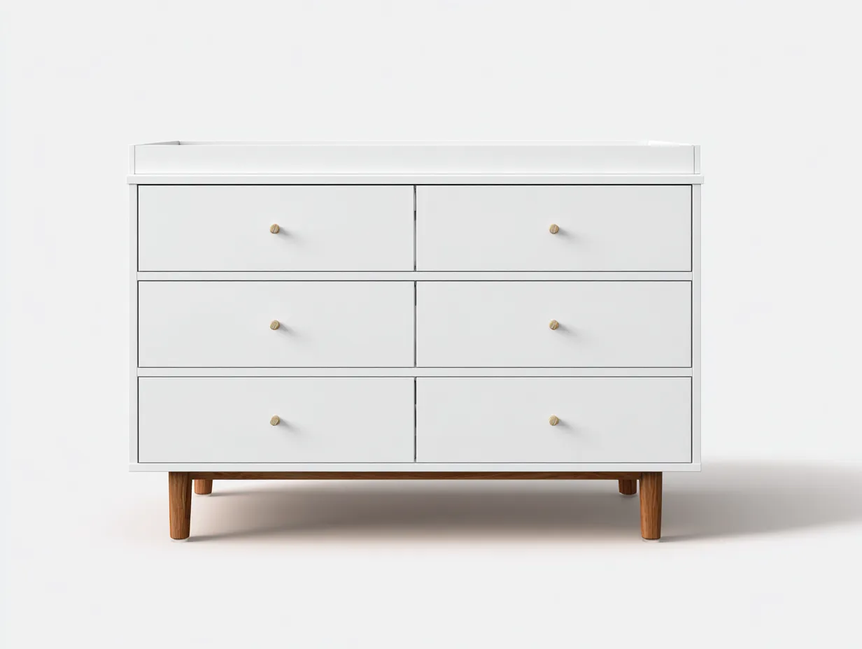 Cómoda de madera nogal 120x45x82 cm - seis cajones - tiradores dorados estilo mid century