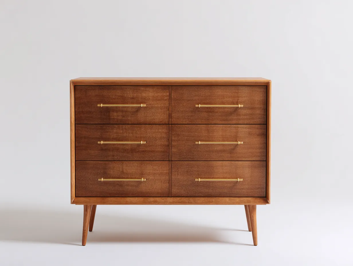 Cómoda de madera nogal 110x45x105 cm - cuatro cajones - tiradores dorados estilo mid century