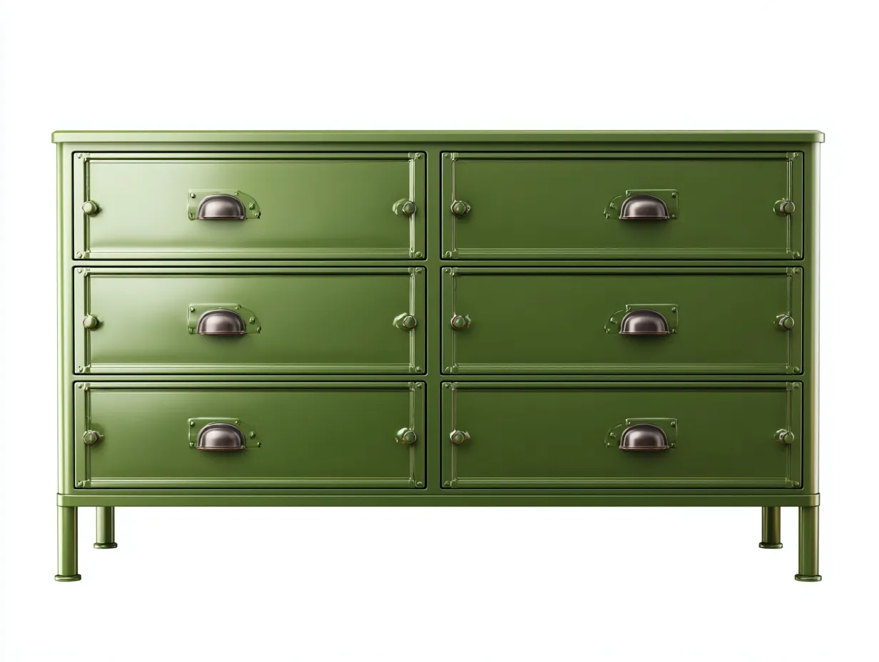 Cómoda verde oliva 150x45x82 cm - seis cajones metálicos - tiradores plateados