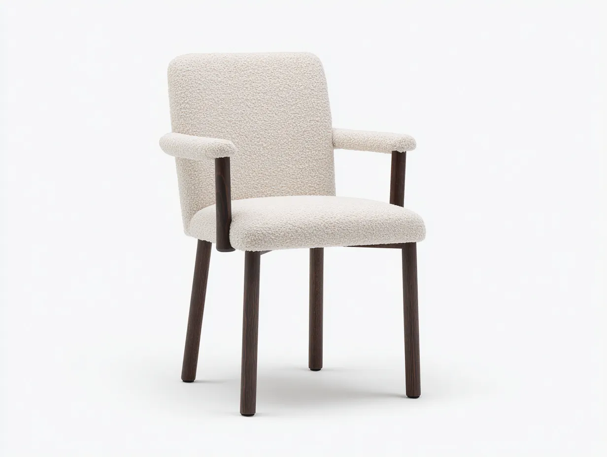 Sillón de Descanso bouclé 60x62x82 cm - blanco crema y nogal oscuro - con brazos altos
