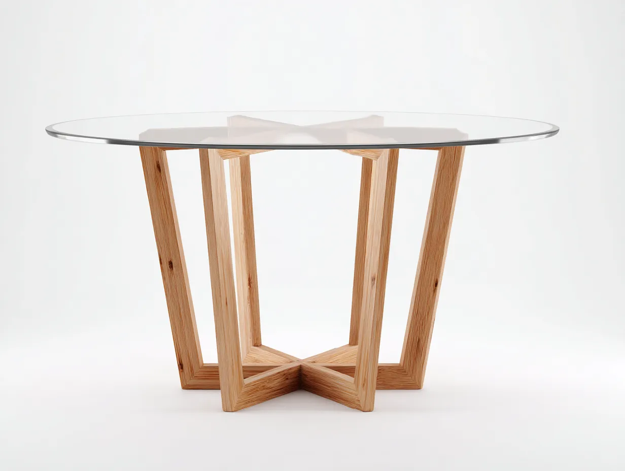 Mesa de Comedor redonda de cristal y madera clara 118x118x75 cm - base geométrica - estilo nórdico