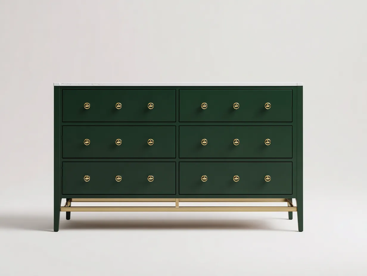 Cómoda verde oscuro 145x46x86 cm - seis cajones - tapa efecto mármol y detalles dorados