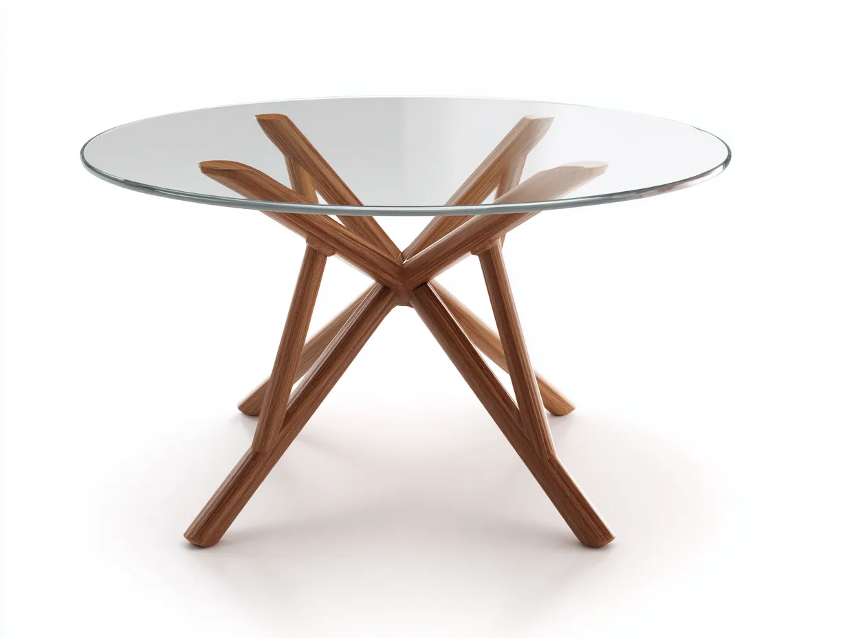 Mesa de Comedor redonda de cristal y madera roble 120x120x76 cm - base radial - diseño moderno