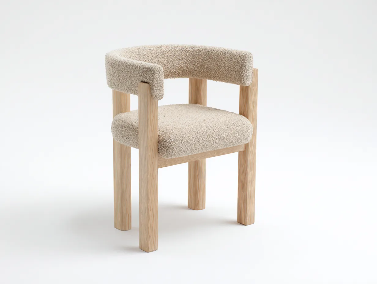 Sillón de Descanso bouclé 60x58x76 cm - beige y madera natural - con respaldo envolvente
