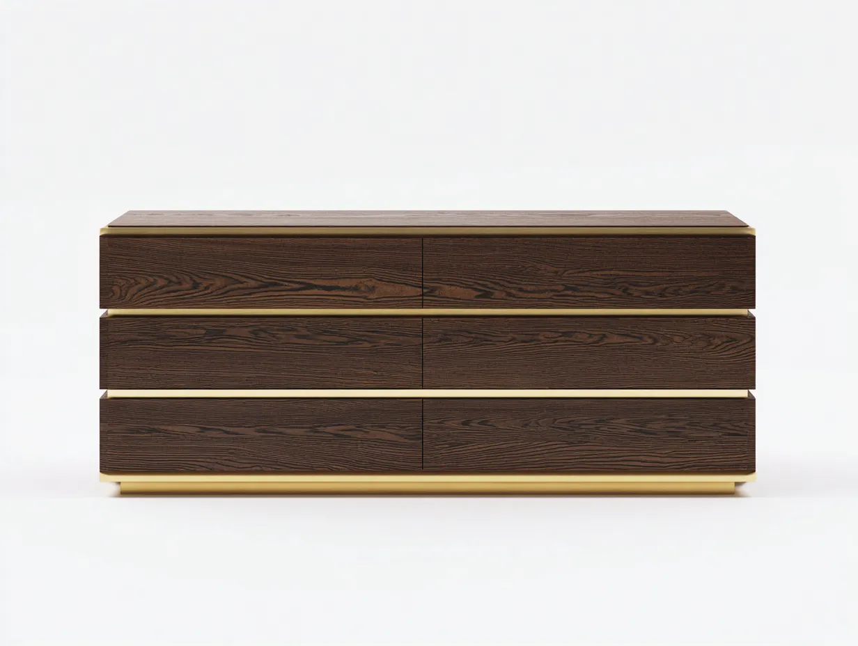 Cómoda de roble oscuro 150x48x78 cm - seis cajones - líneas rectas con base dorada