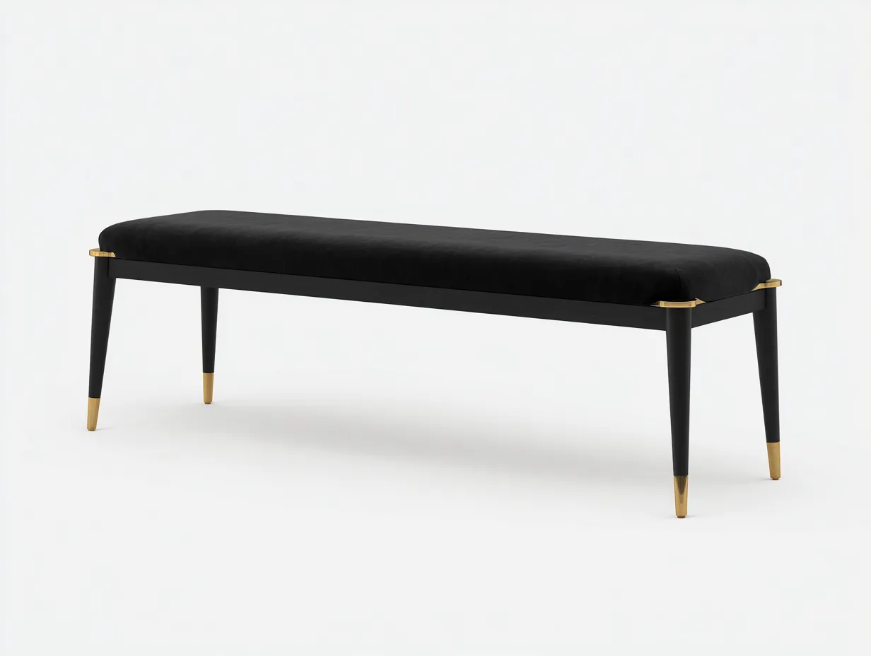 Banco tapizado de terciopelo 135x42x48 cm - negro - patas cónicas con remates dorados-Zivadohome