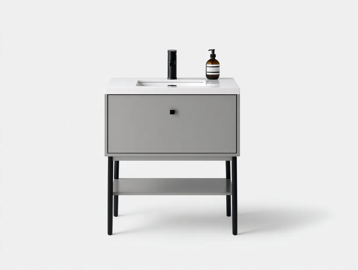 Mueble de Lavabo 90x50x86 cm - gris blanco y negro - baño minimalista con estante abierto-Zivadohome