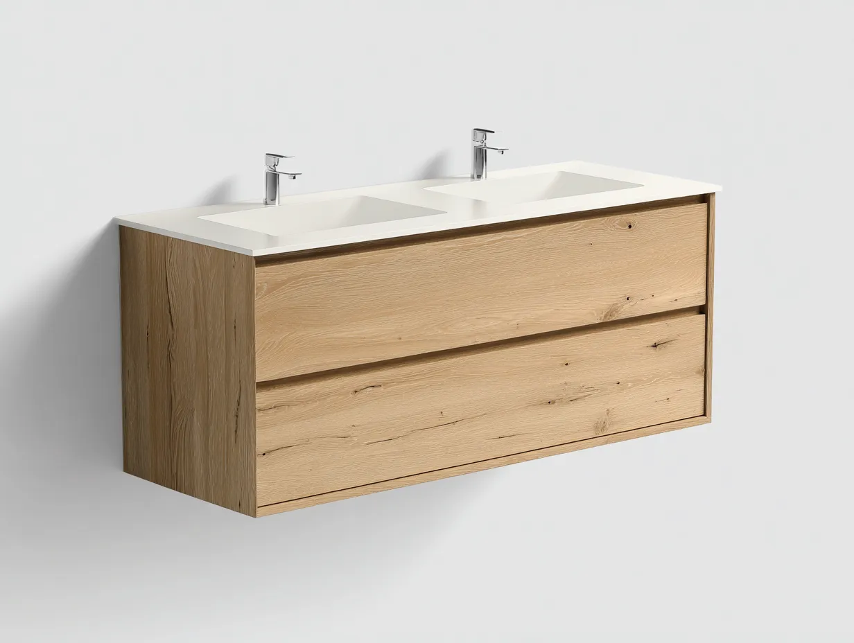 Mueble de Lavabo suspendido 160x52x55 cm - marrón blanco y plateado - baño moderno con doble seno-Zivadohome