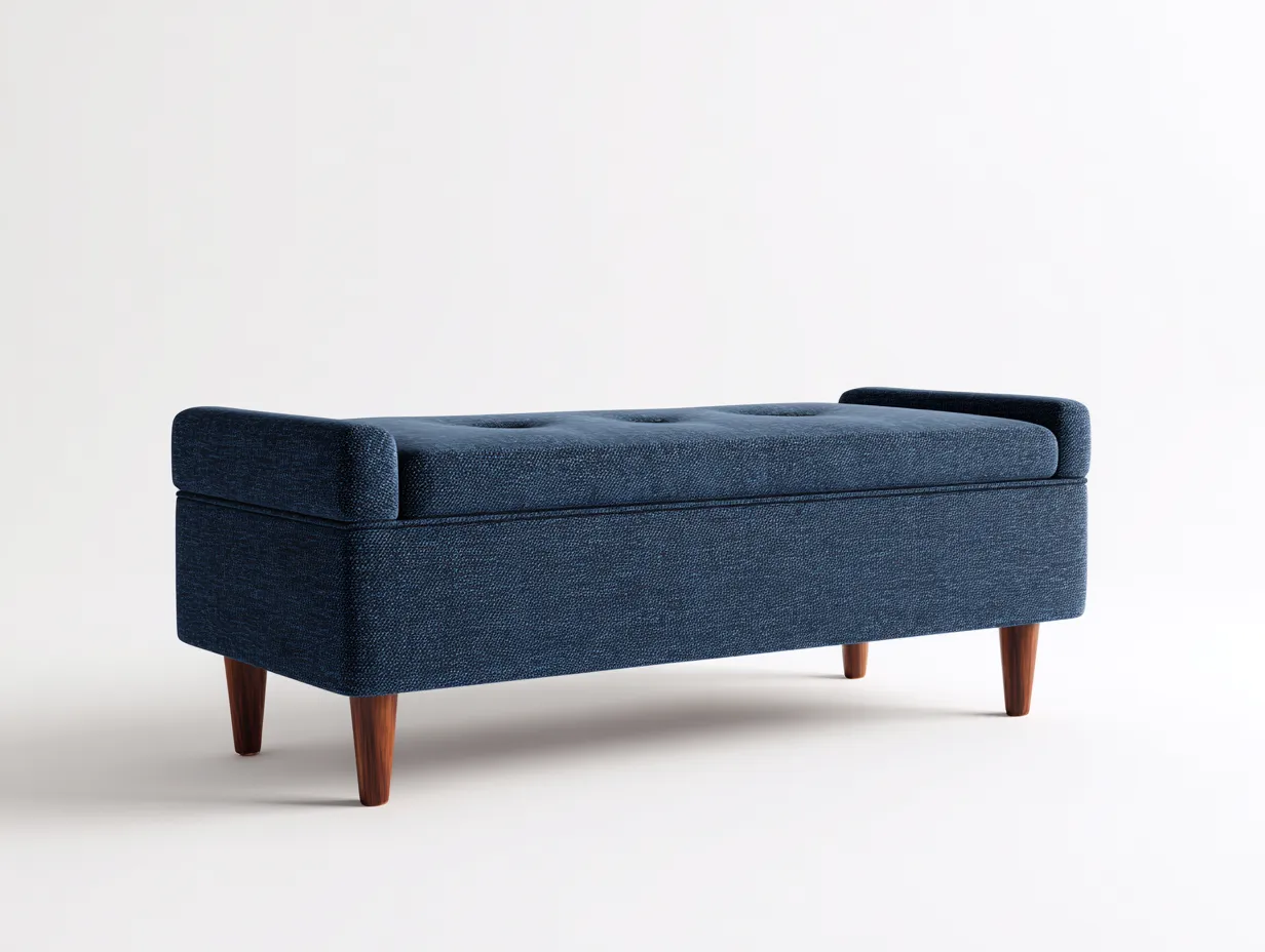 Banco baúl tapizado 125x45x55 cm - azul marino - brazos laterales y patas de madera-Zivadohome