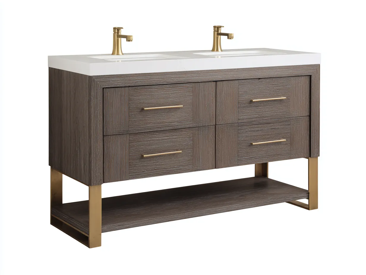 Mueble de Lavabo doble 150x56x85 cm - gris blanco y dorado - baño elegante con estante inferior-Zivadohome