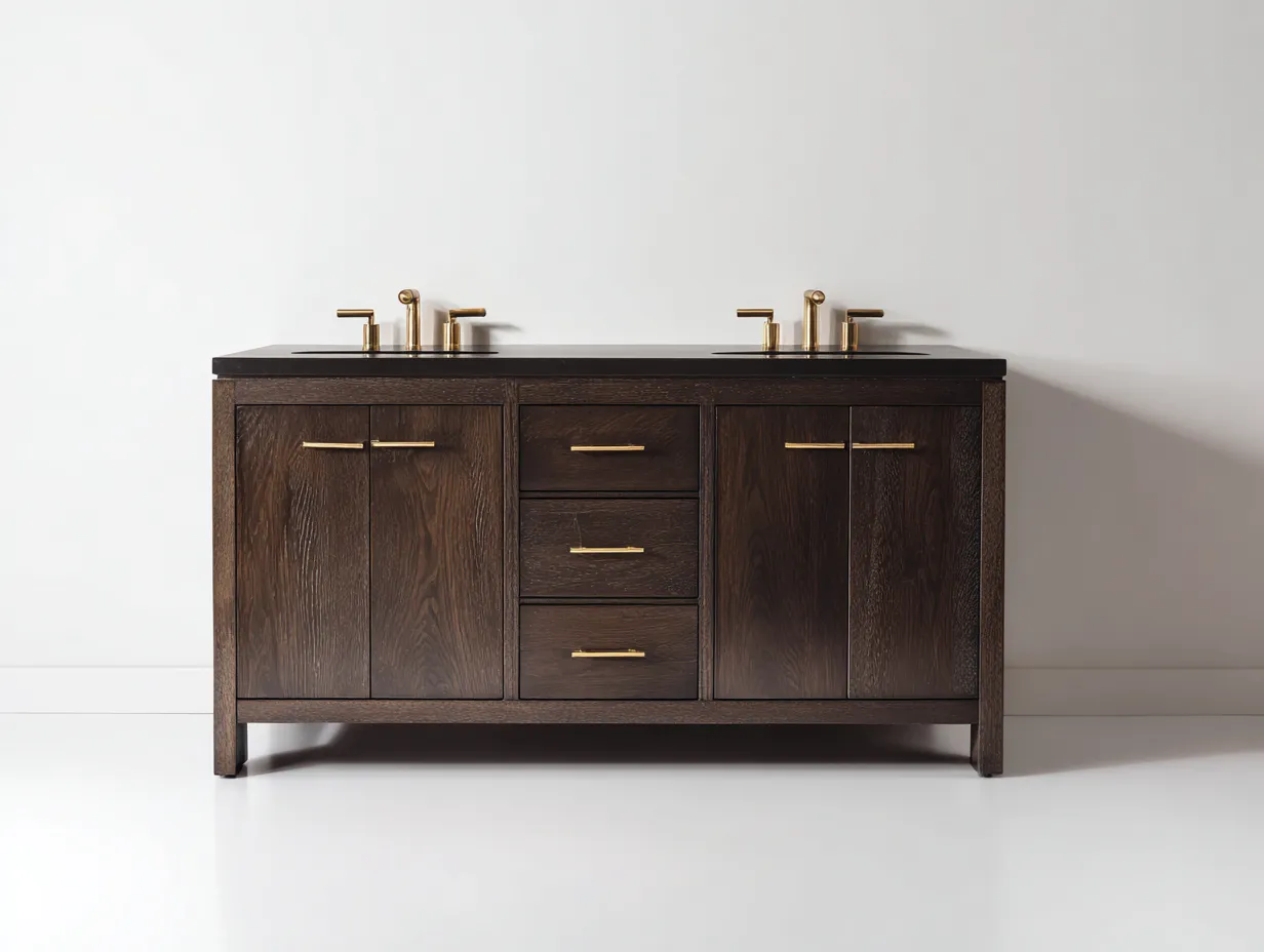 Mueble de Lavabo doble 180x56x84 cm - marrón negro y dorado - baño amplio con encimera oscura-Zivadohome