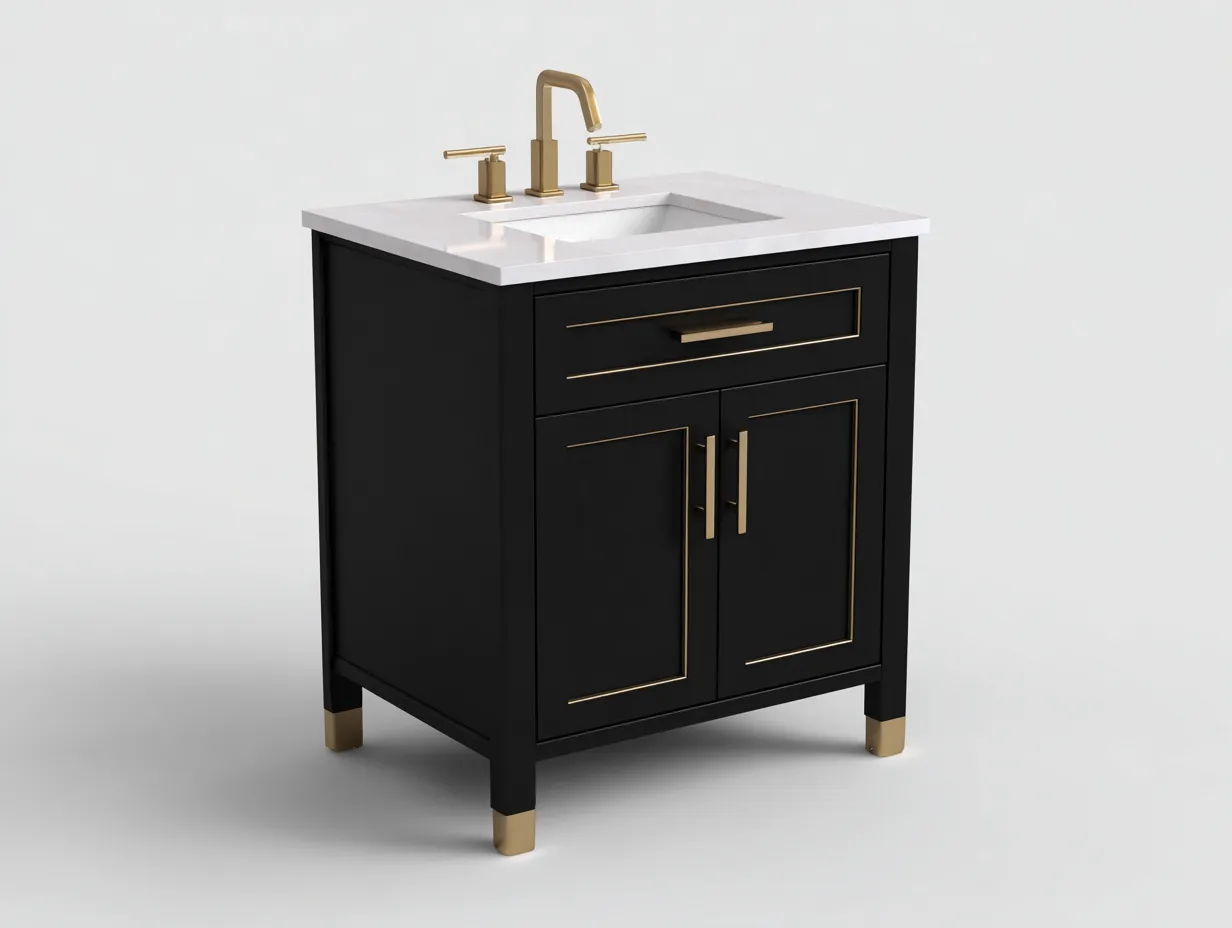 Mueble de Lavabo 91x55x88 cm - negro blanco y dorado - baño sofisticado con tiradores lineales-Zivadohome