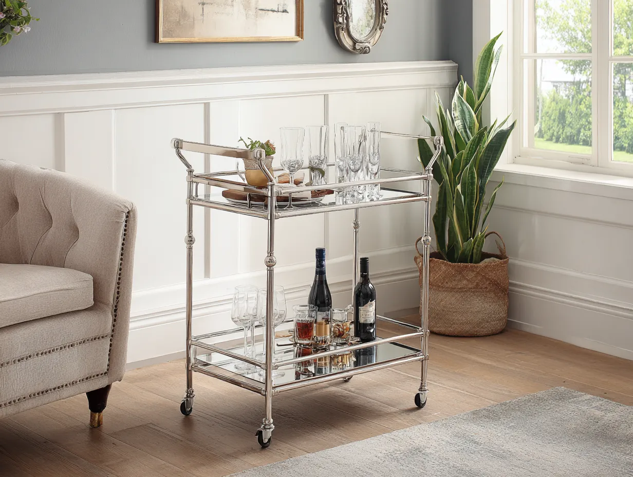 Carrito clásico de metal cromado 82x80x43 cm - cristal reflectante - ruedas pequeñas para comedor-Zimoioliving