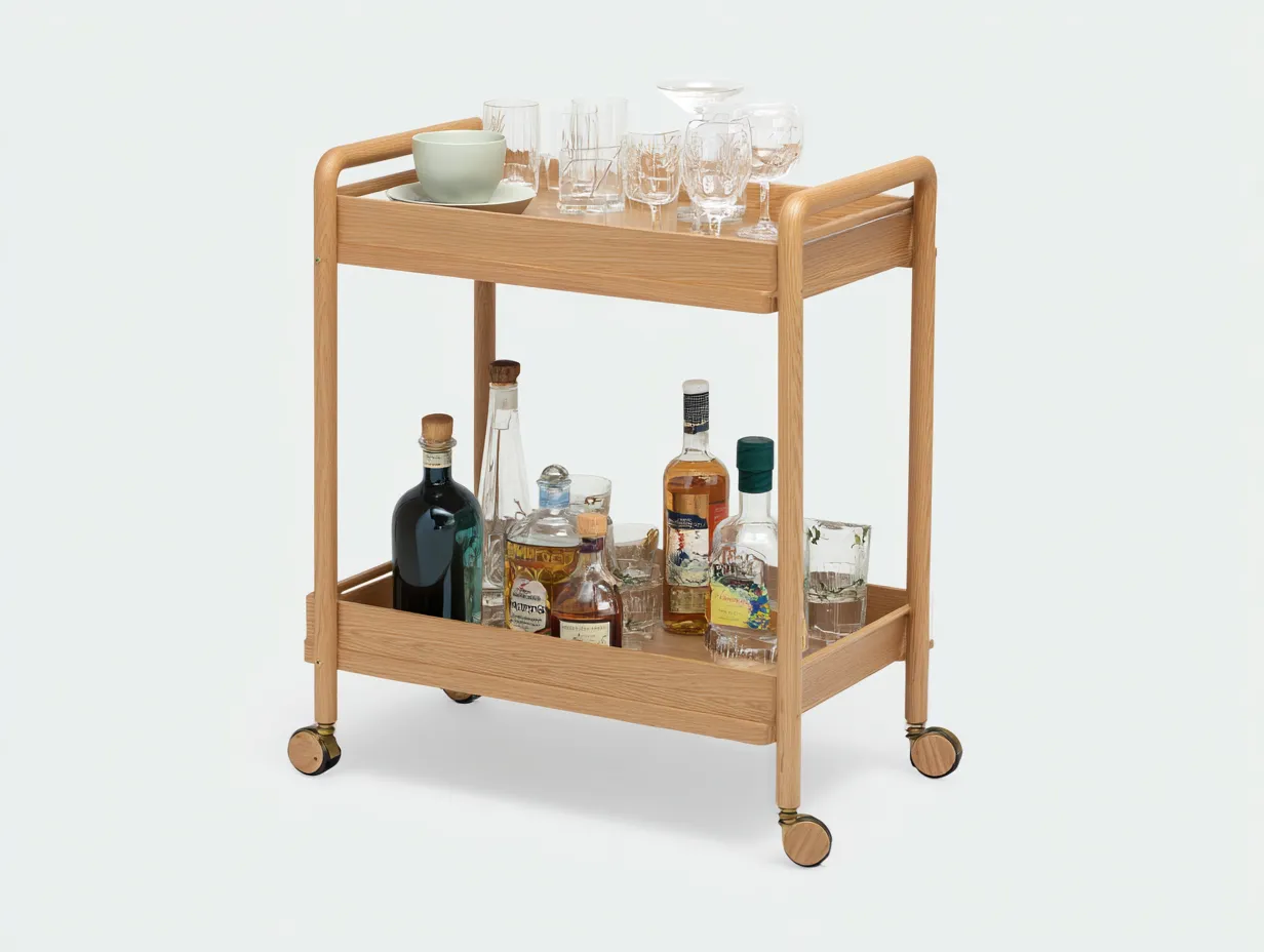 Carrito de madera clara 70x76x44 cm - acabado natural - asas redondeadas para comedor-Zimoioliving