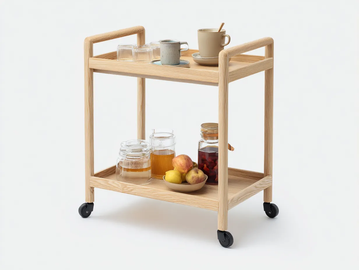 Carrito auxiliar de madera clara 68x73x43 cm - roble claro - ruedas negras para comedor-Zimoioliving