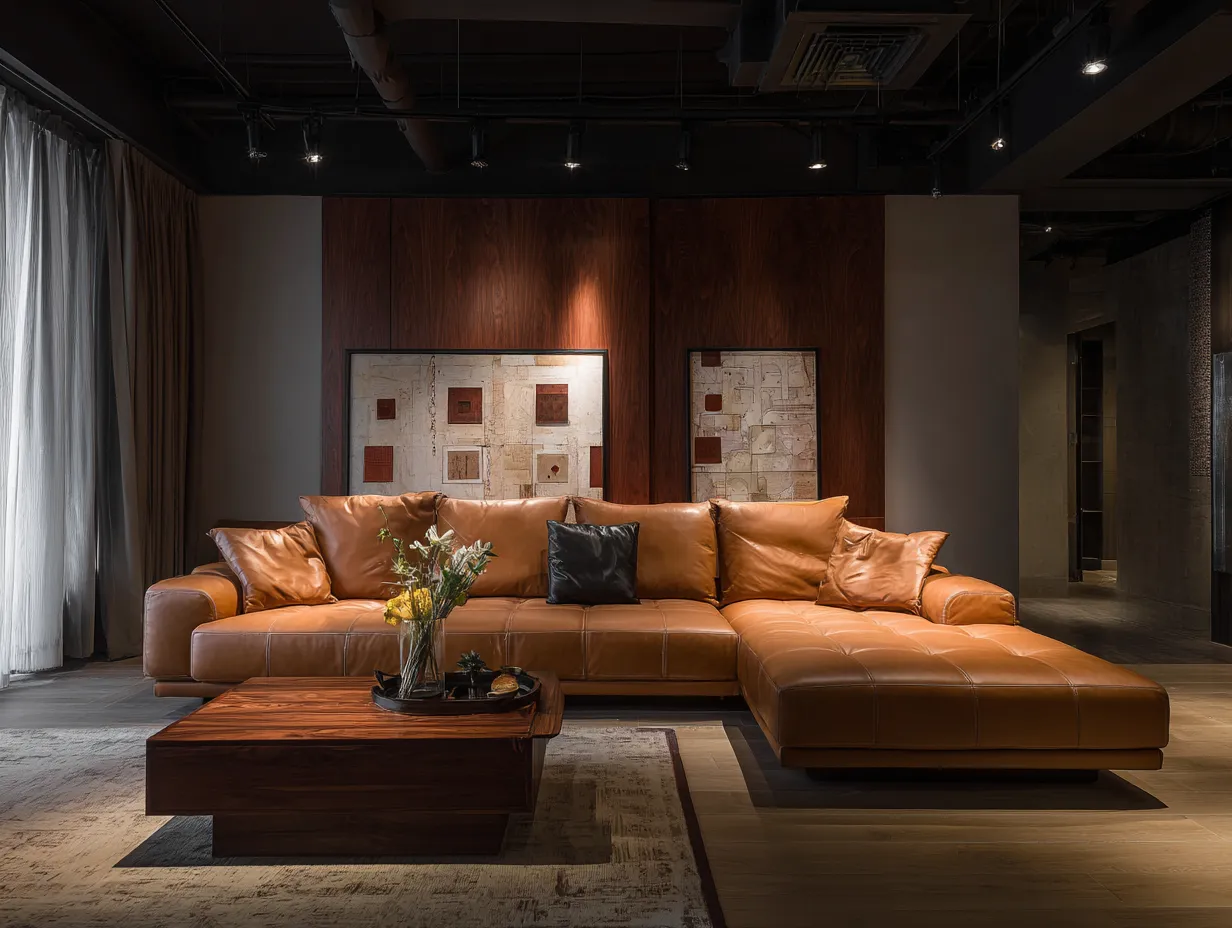 Sofá Esquinero de cuero 345x215x78 cm - marrón cognac - costuras cuadradas para salón-Zimoioliving